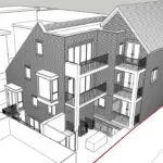 A black and white line drawing of a multi-story residential building with balconies and a gabled roof, viewed from an angled perspective.