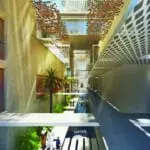 An architectural rendering of a modern atrium with natural light filtering through a patterned canopy, featuring greenery and an interaction space.