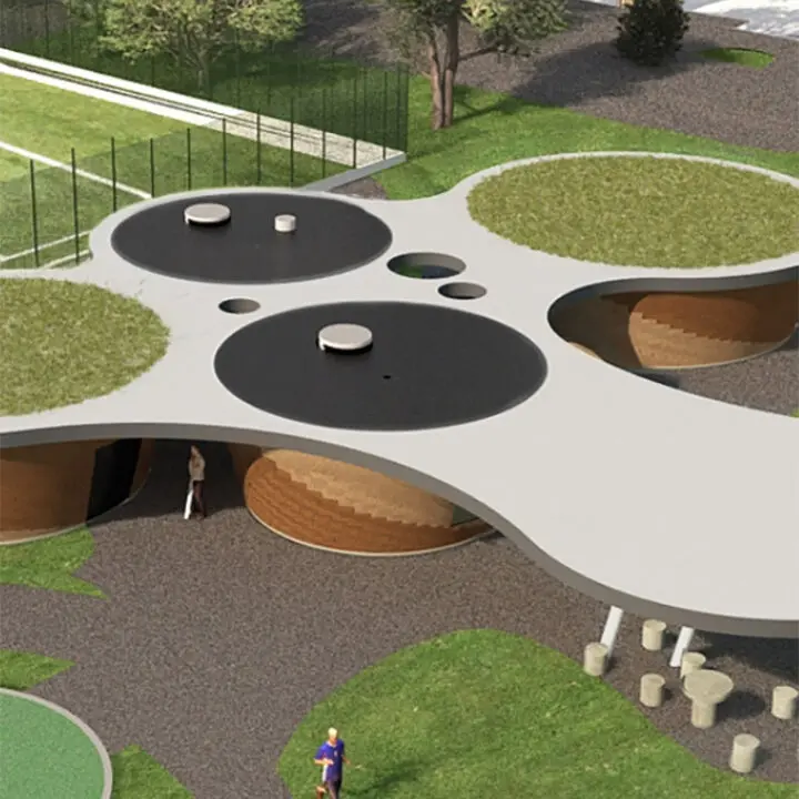 An architectural rendering of a modern, eco-friendly building with circular design elements and green roofs, embedded into a landscaped environment with individuals walking nearby.