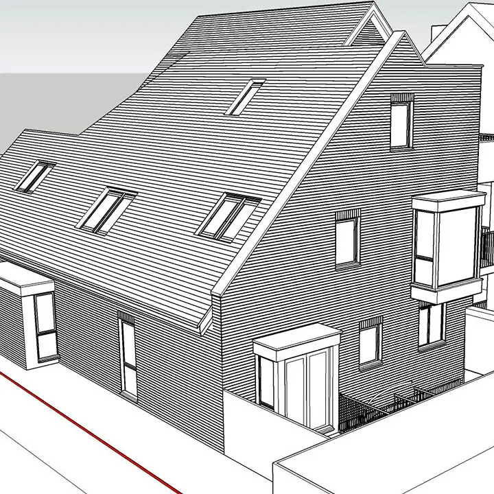 Line drawing of a two-story residential building with a pitched roof and multiple windows, featuring a balcony on the upper floor.