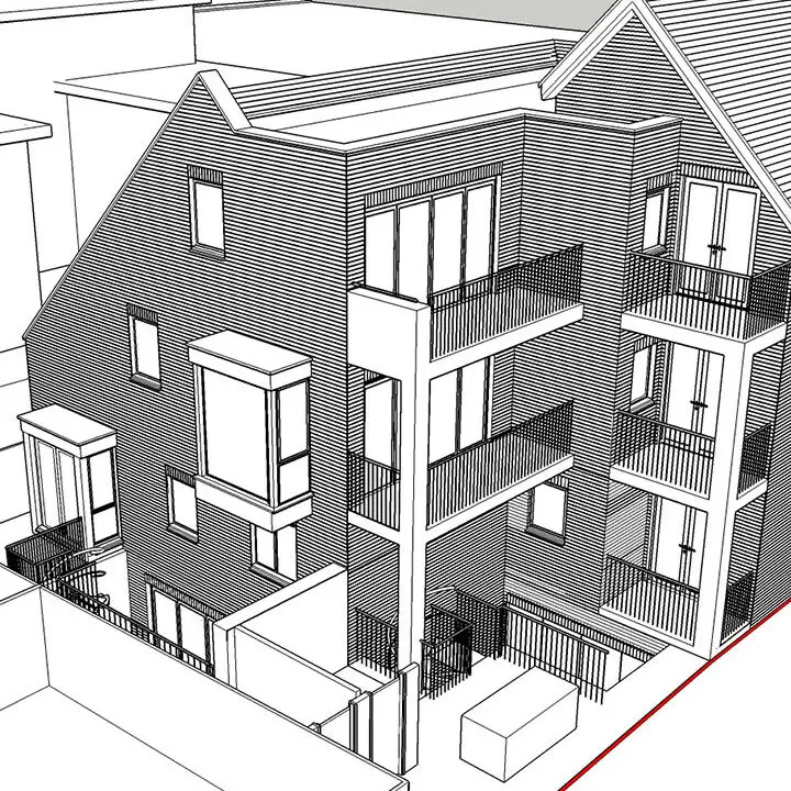 An architectural wireframe drawing of a multi-story residential building with balconies and a pitched roof.