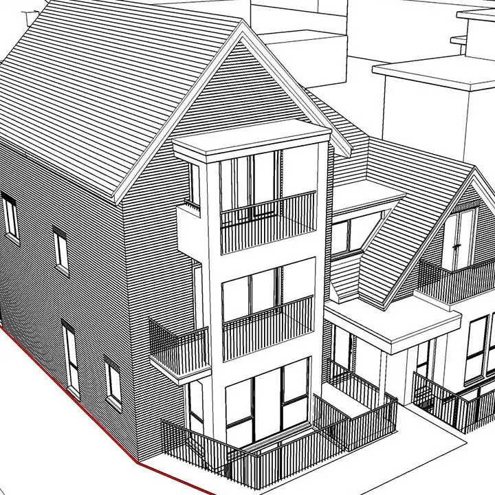 A black and white line drawing of a residential architectural design, featuring a multi-story house with a pitched roof and adjacent buildings.