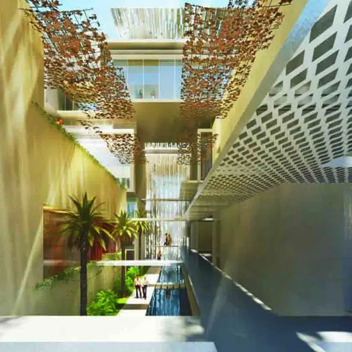 A modern architectural corridor featuring geometric lattice structures that allow natural light to filter through, with green plants adding a touch of nature to the design.
