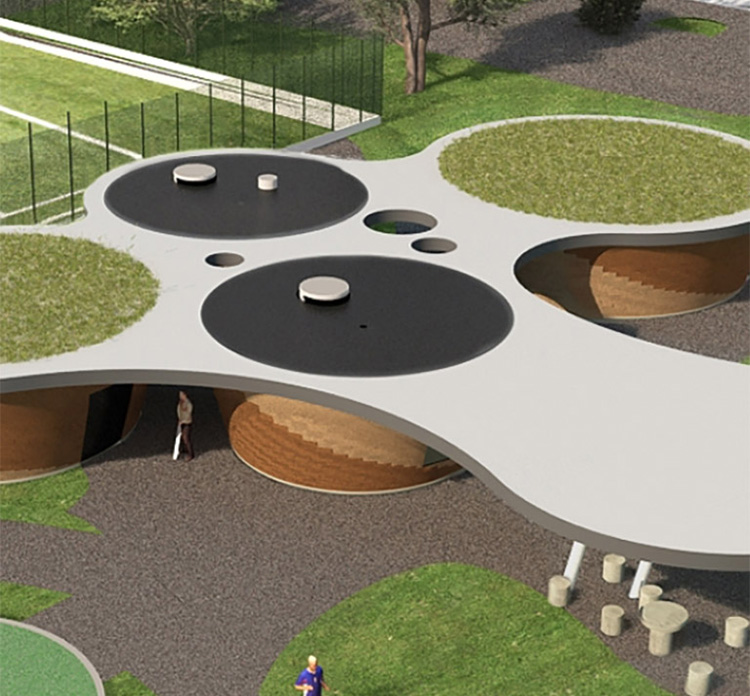 An architectural rendering of a modern, multi-level park structure with grass-covered roofs and circular openings.